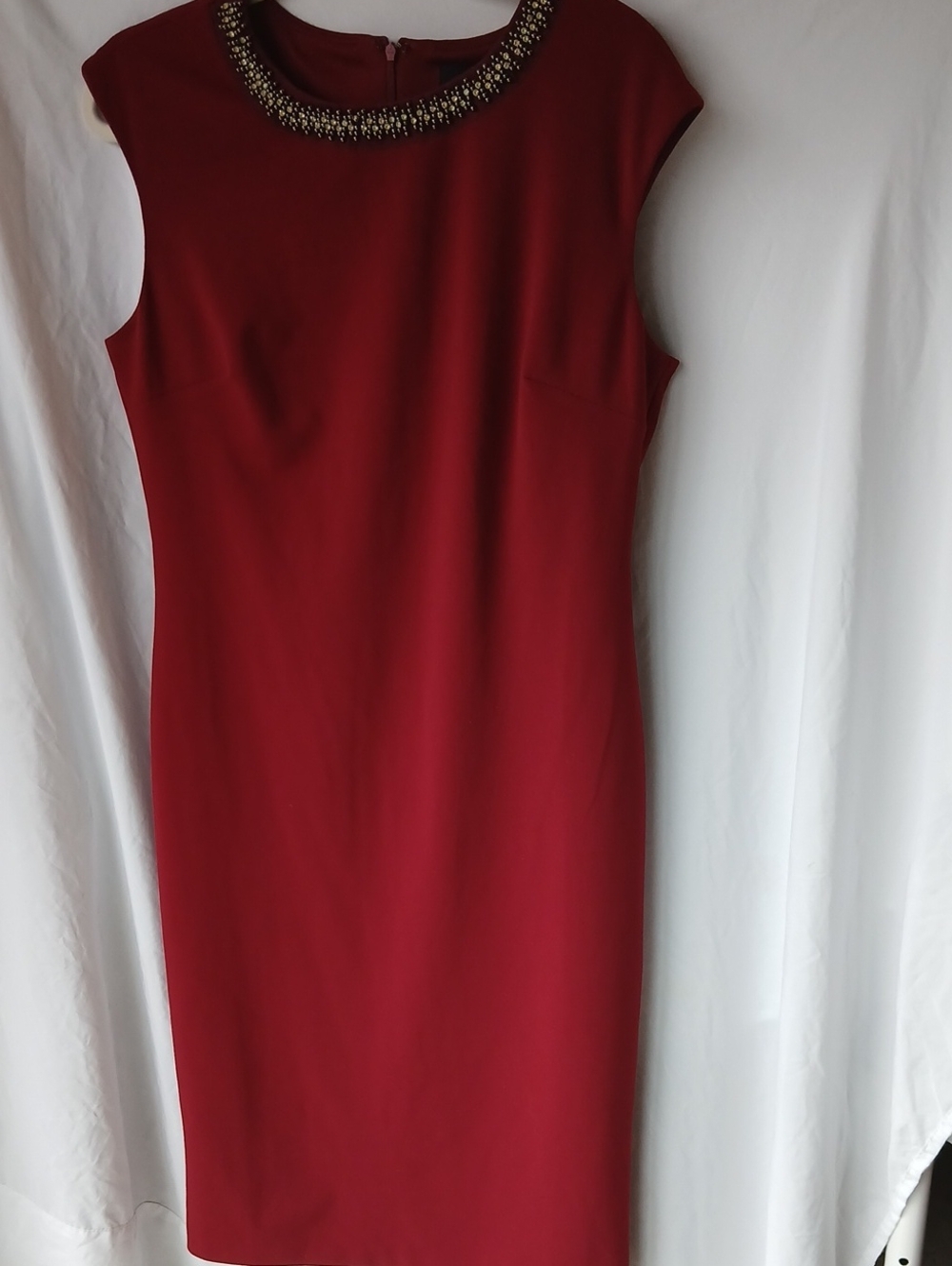 16. Liz Claiborne Sleeveless Embellished Neck Red Sheath Dress